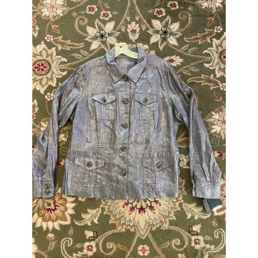 Liz Claiborne Metallic Silver Linen Utility Safari Jacket XL NWT